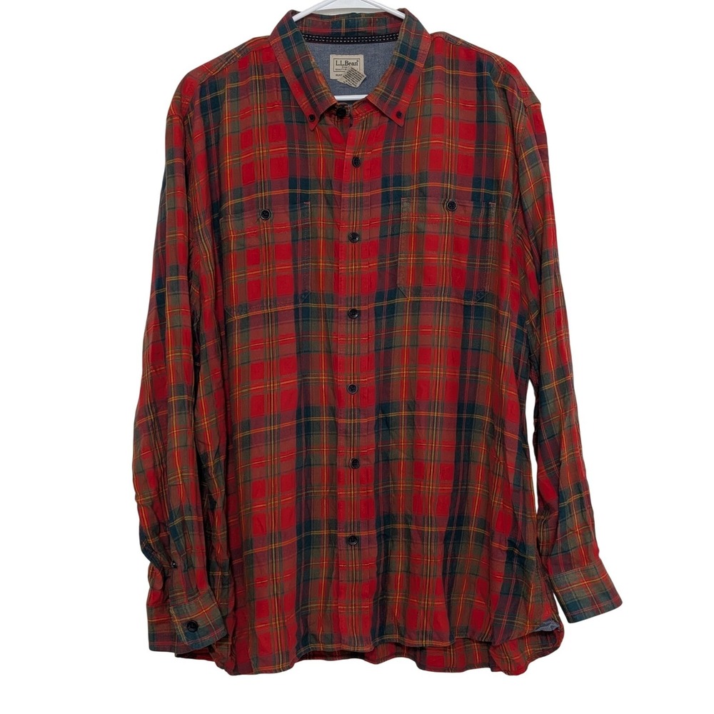LL Bean Mens XL Red Plaid Flannel Button Down Shirt Long Sleeve Casual